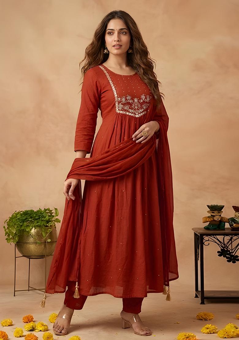 Rust Orange Embroidery Cambric Kurta Set - Indya