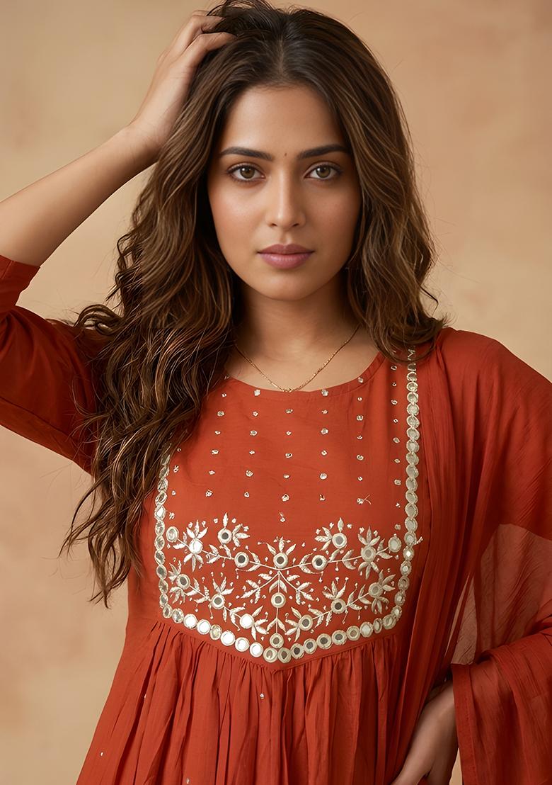 Rust Orange Embroidery Cambric Kurta Set - Indya