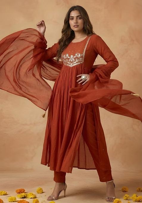 Rust Orange Embroidery Cambric Kurta Set