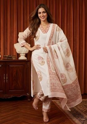 White Printed Cotton Kurta Set
