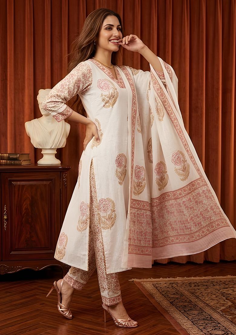 White Printed Cotton Kurta Set - Indya