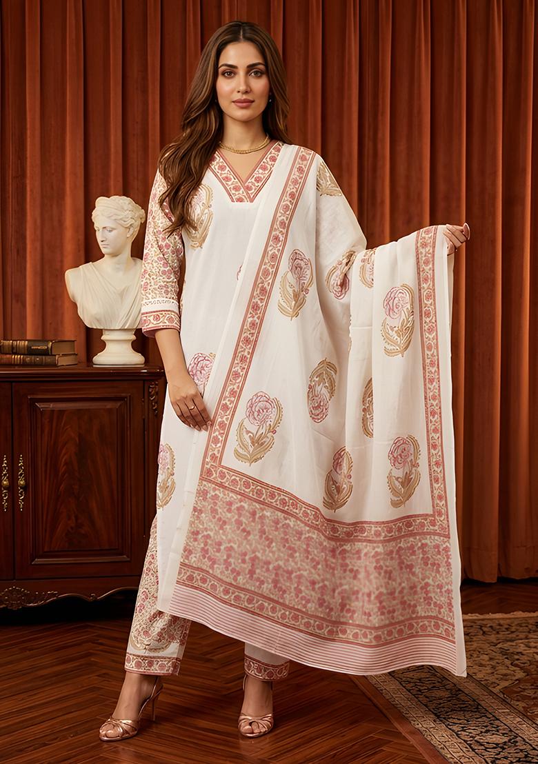 White Printed Cotton Kurta Set - Indya