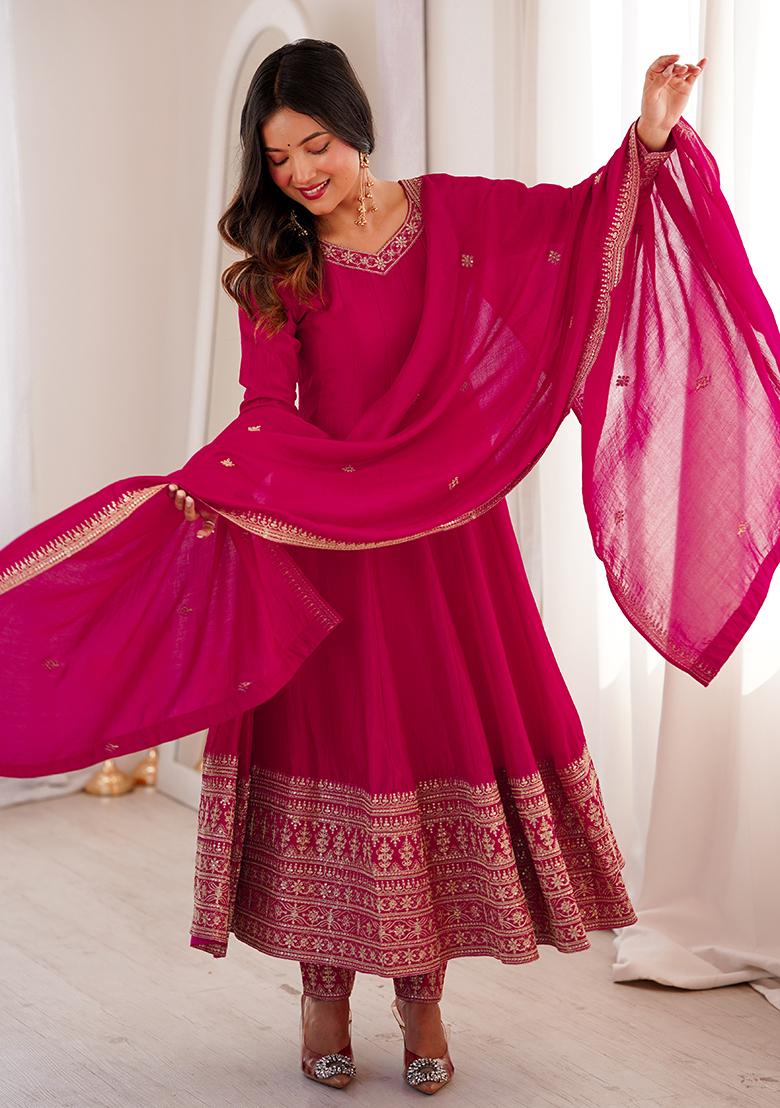 Pink Embroidery Silk Kurta Set - Indya
