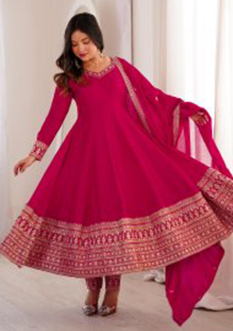 Pink Embroidery Silk Kurta Set - Indya