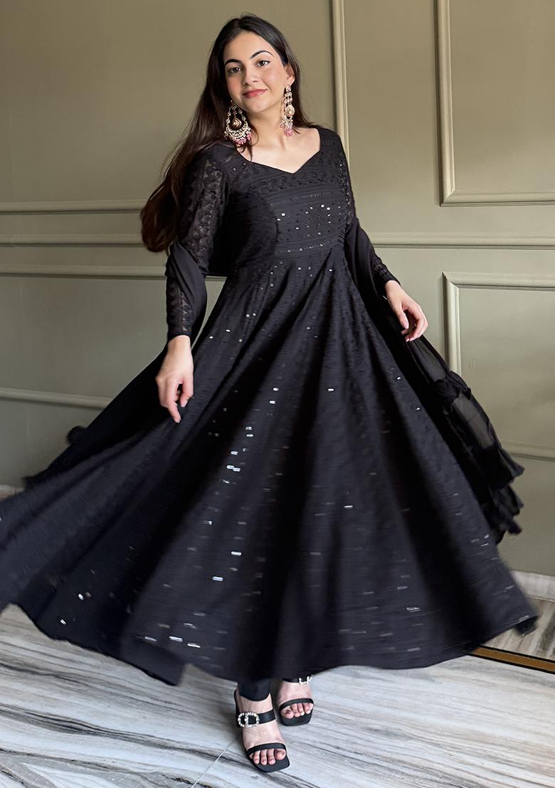 Black Embroidery Georgette Kurta Set - Indya