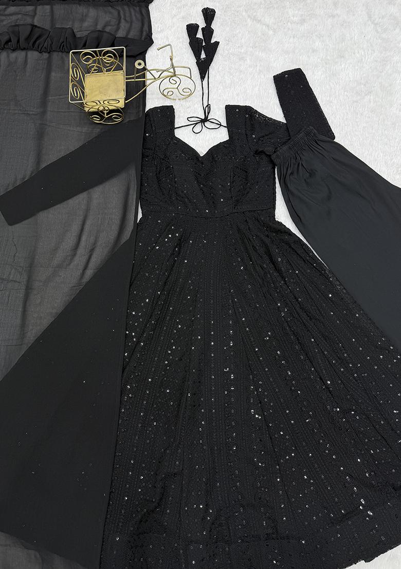 Black Embroidery Georgette Kurta Set - Indya