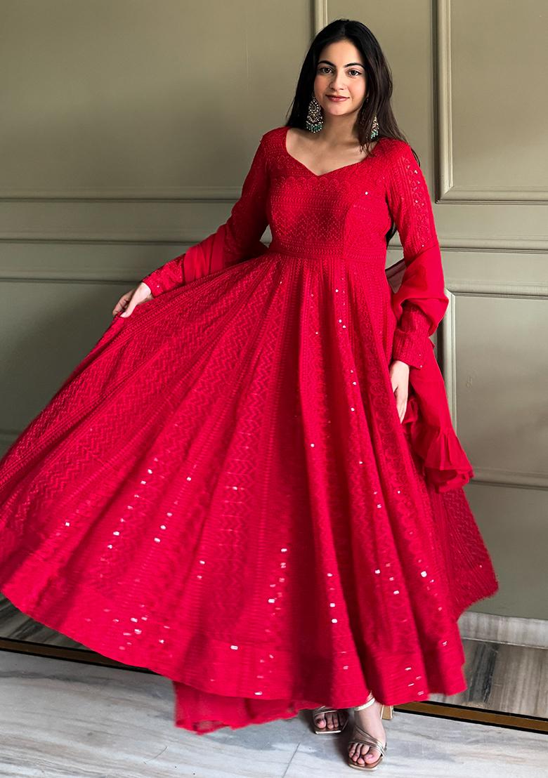 Red Embroidery Georgette Kurta Set - Indya