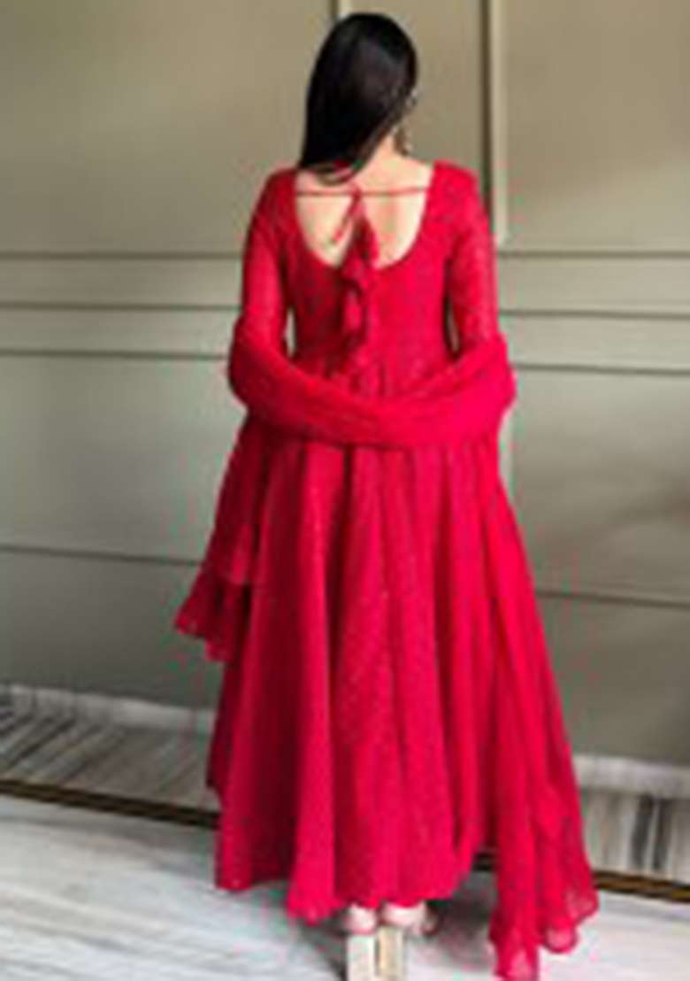 Red Embroidery Georgette Kurta Set - Indya