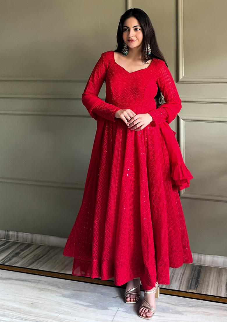 Red Embroidery Georgette Kurta Set - Indya