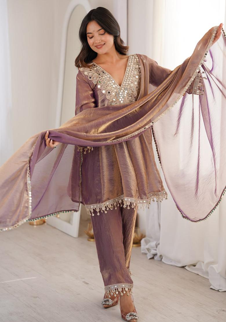 Mauve Embroidery Fendi Palazoo Sets - Indya