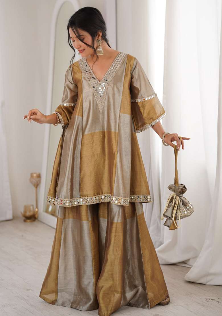 Multicolor Embroidery Tissue Palazoo Sets - Indya