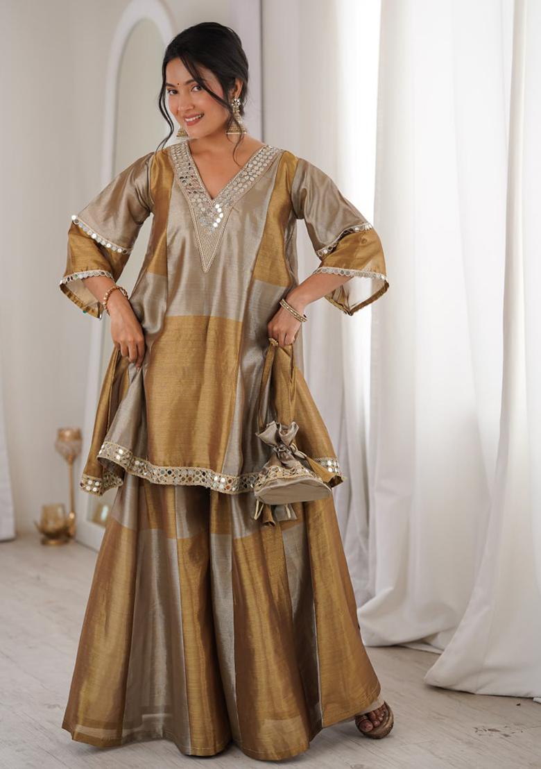 Multicolor Embroidery Tissue Palazoo Sets - Indya