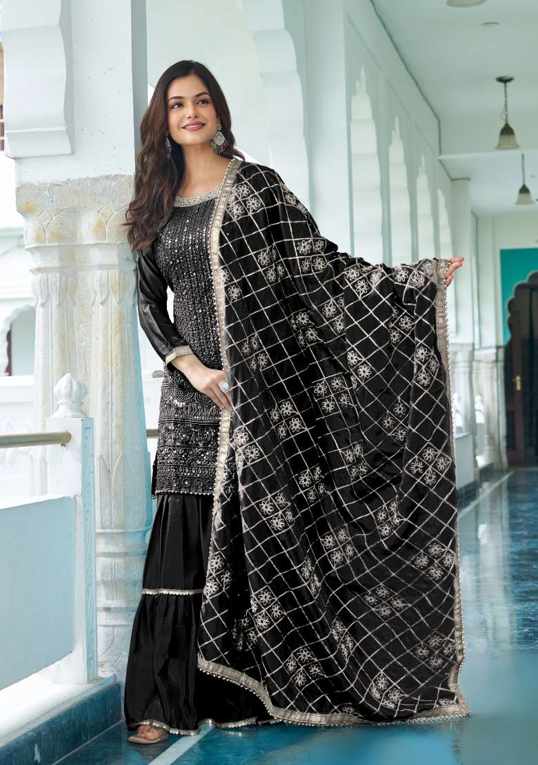 Black Thread Work Chinon Salwar Suit - Indya