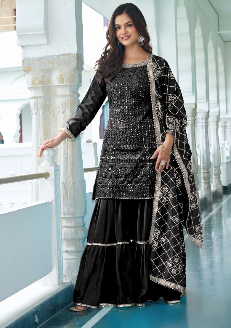 Black Thread Work Chinon Salwar Suit - Indya