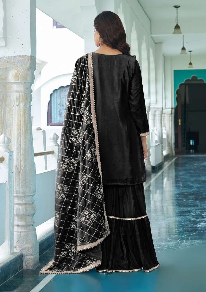 Black Thread Work Chinon Salwar Suit - Indya