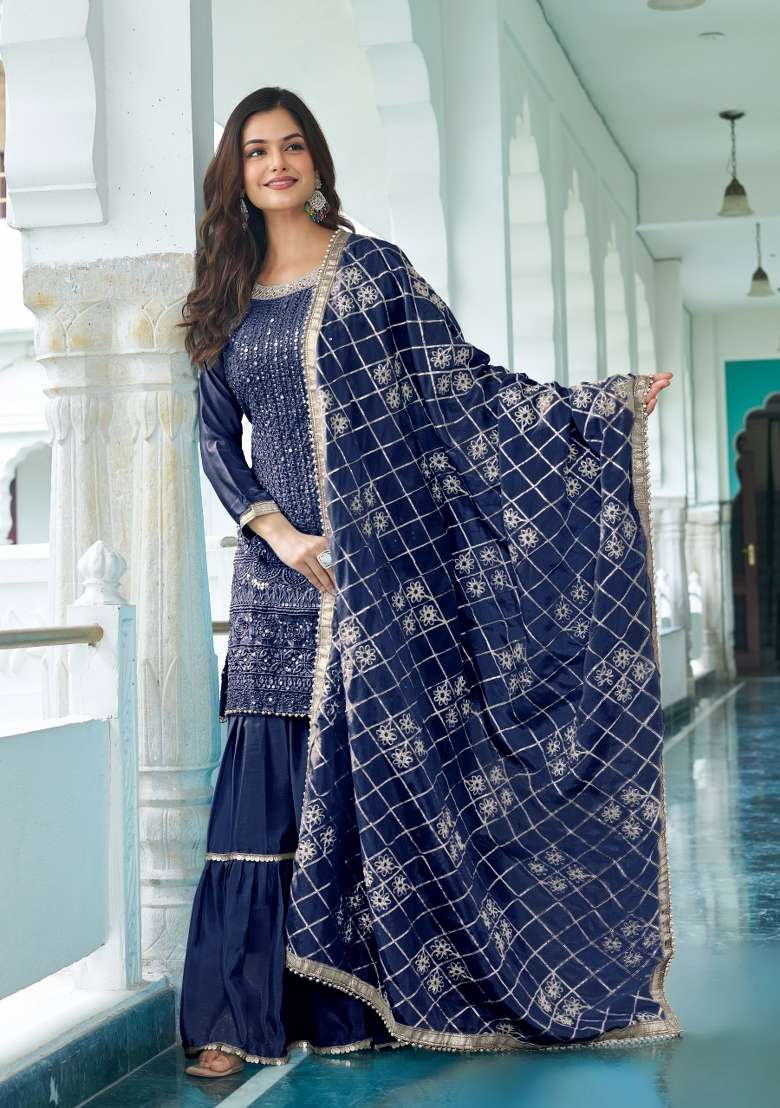 Blue Thread Work Chinon Salwar Suit - Indya