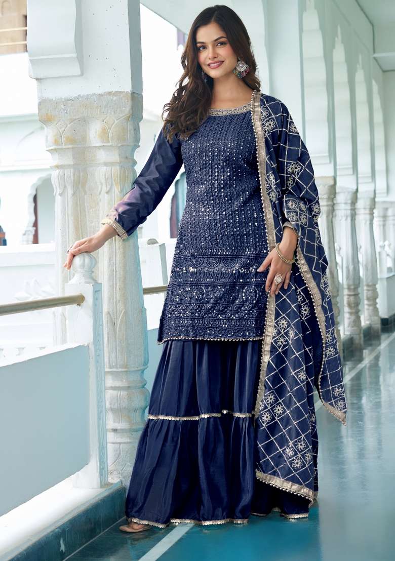 Blue Thread Work Chinon Salwar Suit - Indya