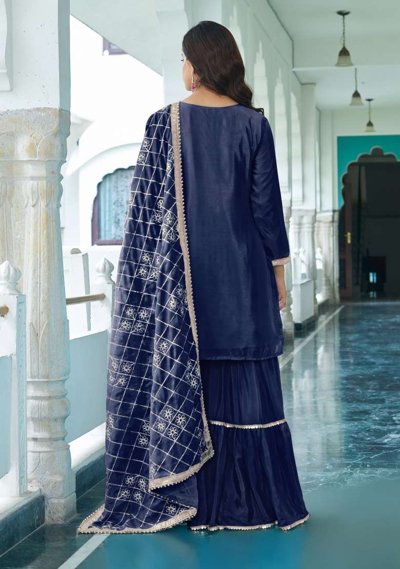 Blue Thread Work Chinon Salwar Suit - Indya