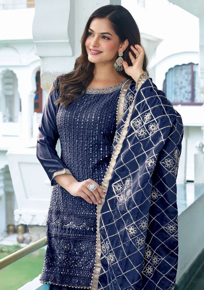 Blue Thread Work Chinon Salwar Suit - Indya