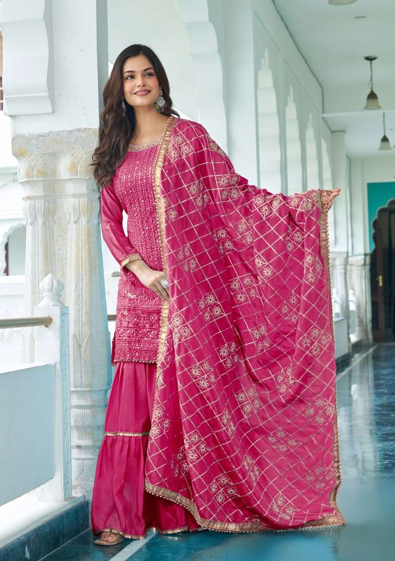 Pink Thread Work Chinon Salwar Suit - Indya