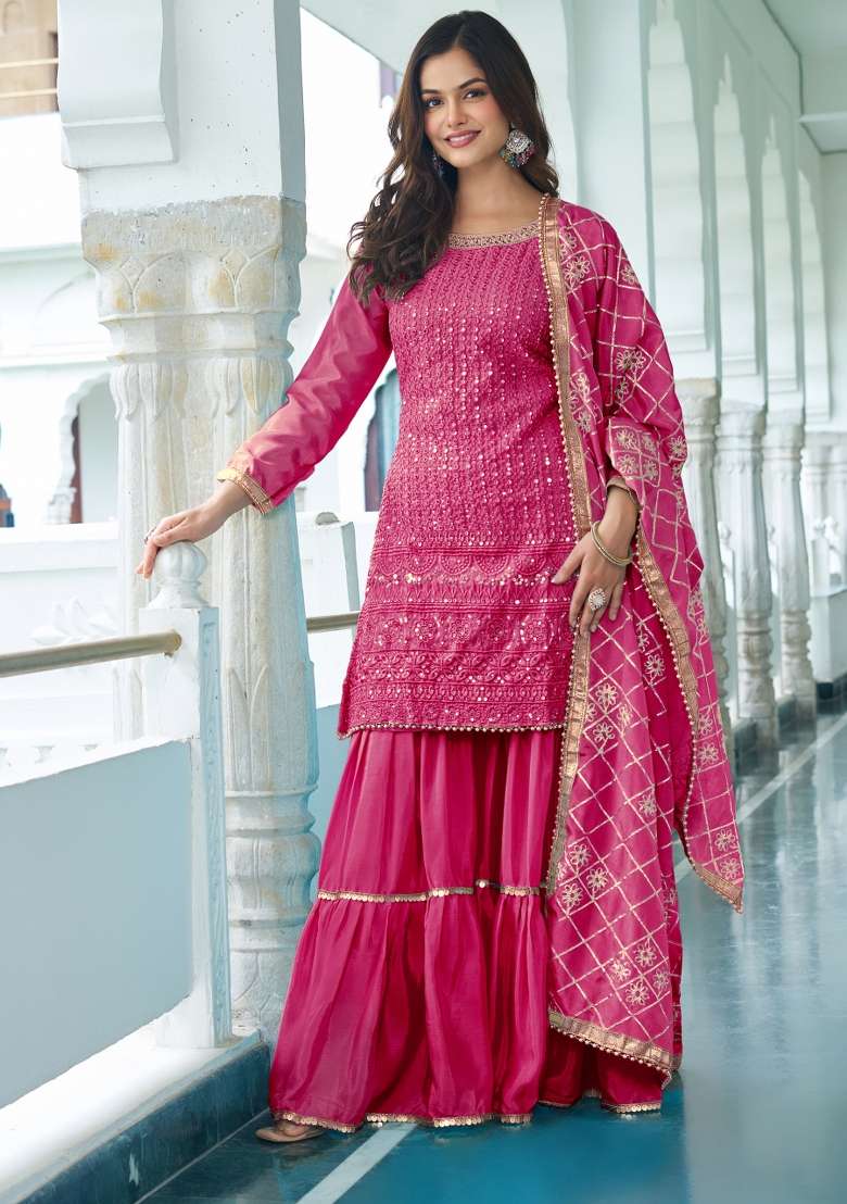 Pink Thread Work Chinon Salwar Suit - Indya