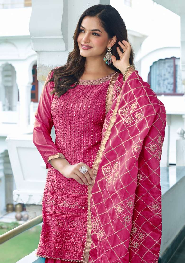 Pink Thread Work Chinon Salwar Suit - Indya