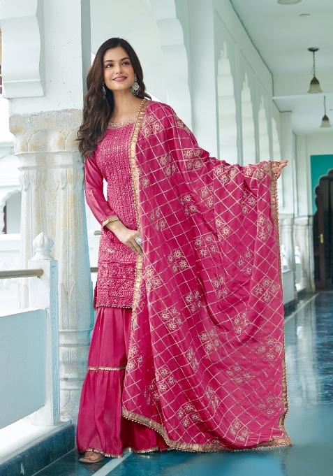 Pink Thread Work Chinon Salwar Suit — view on Indya