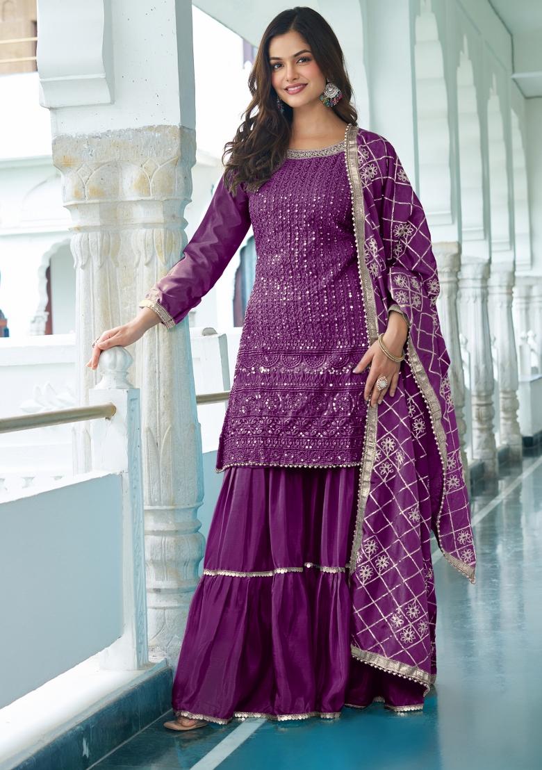 Wine Thread Work Chinon Salwar Suit - Indya