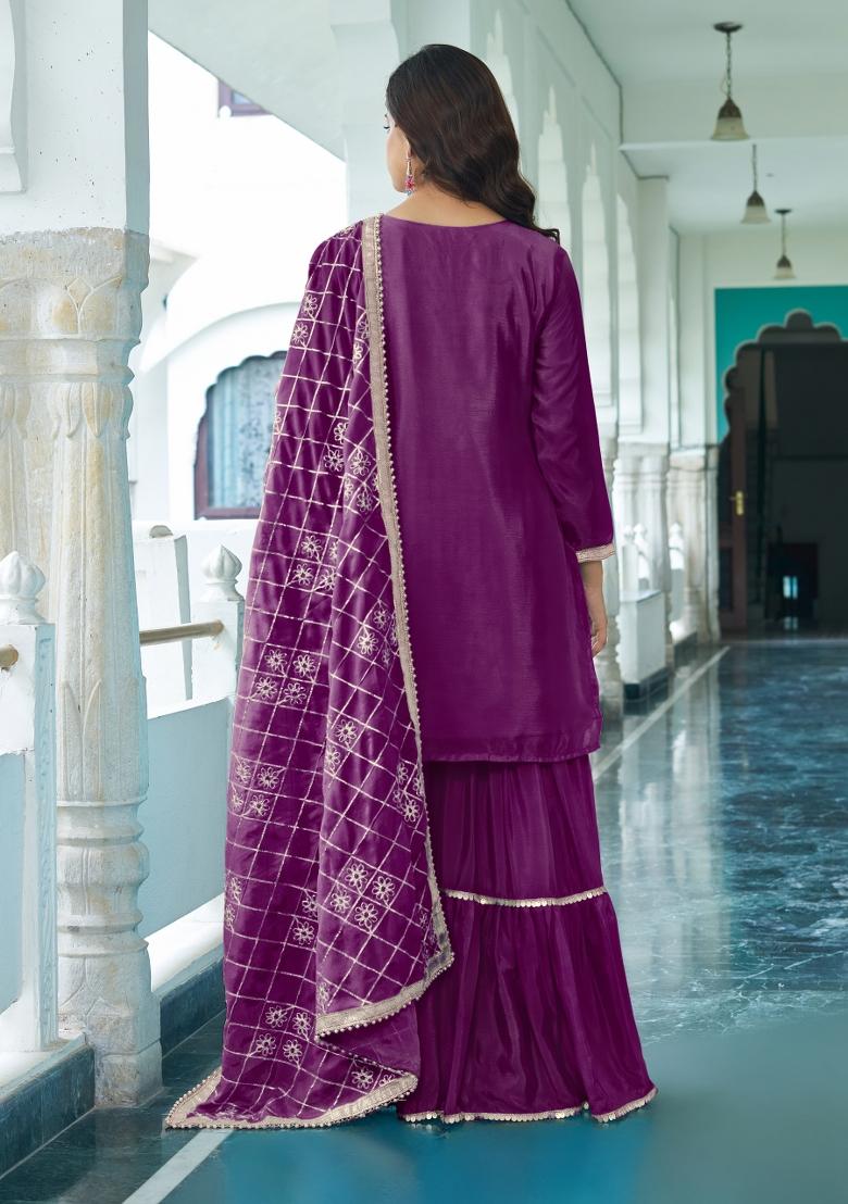 Wine Thread Work Chinon Salwar Suit - Indya