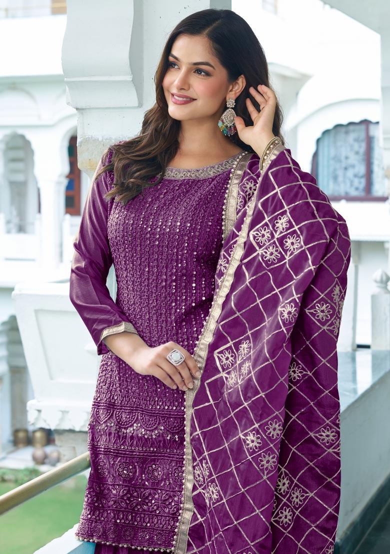 Wine Thread Work Chinon Salwar Suit - Indya