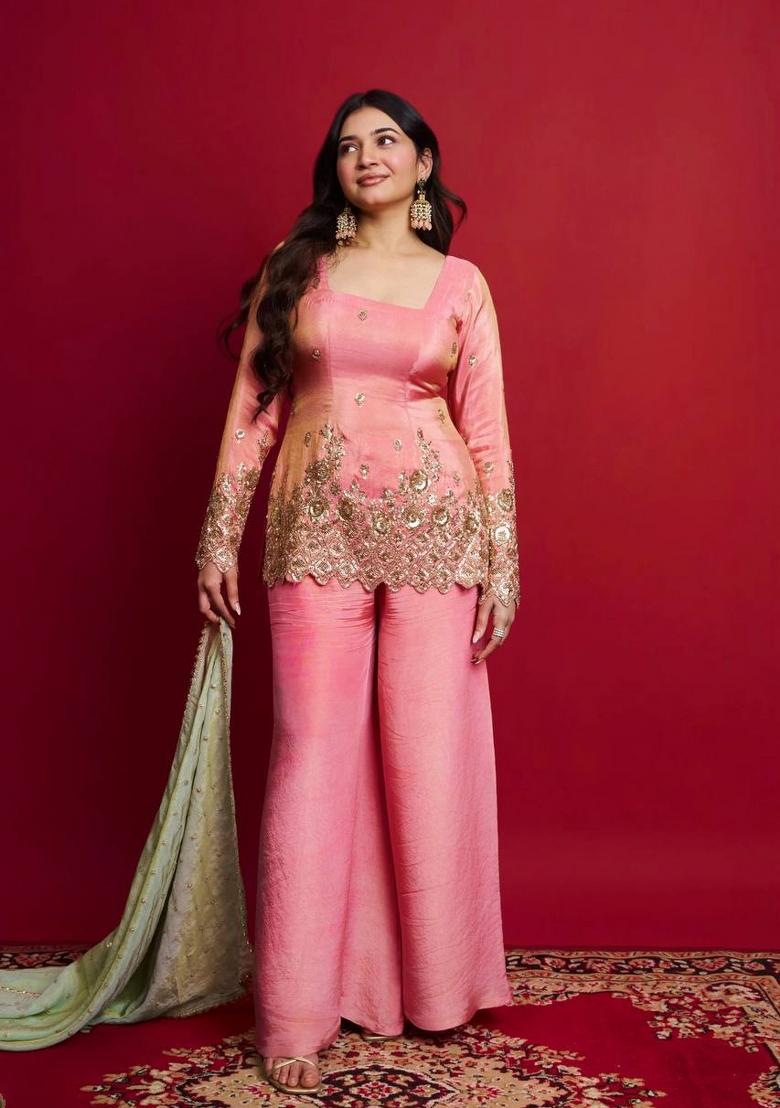 Pink Thread Work Silk Salwar Suit - Indya
