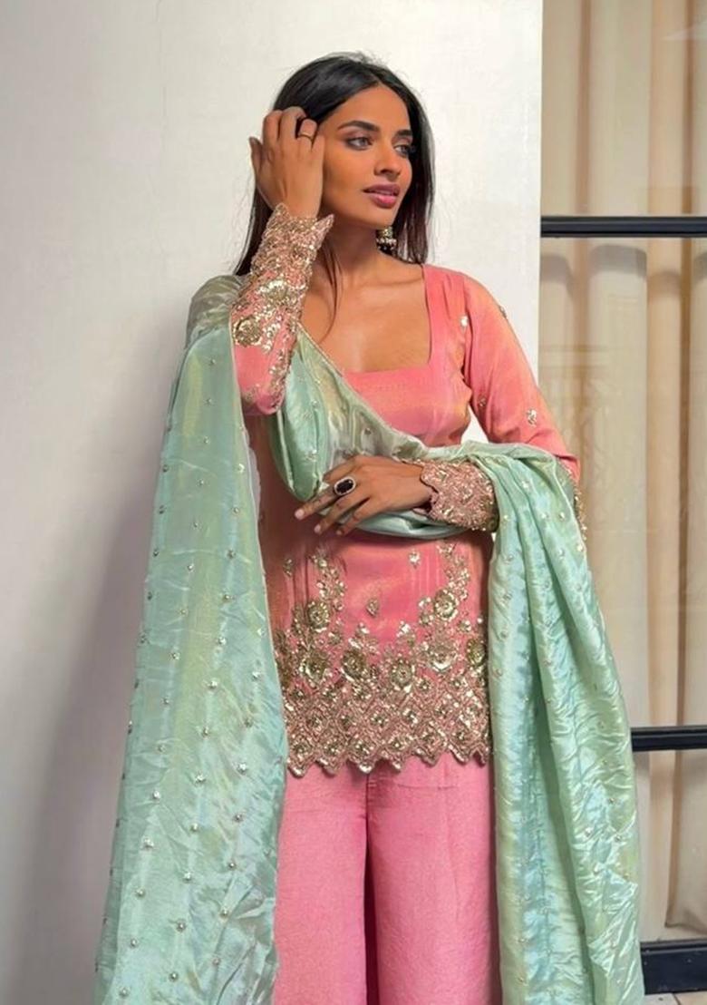 Pink Thread Work Silk Salwar Suit - Indya