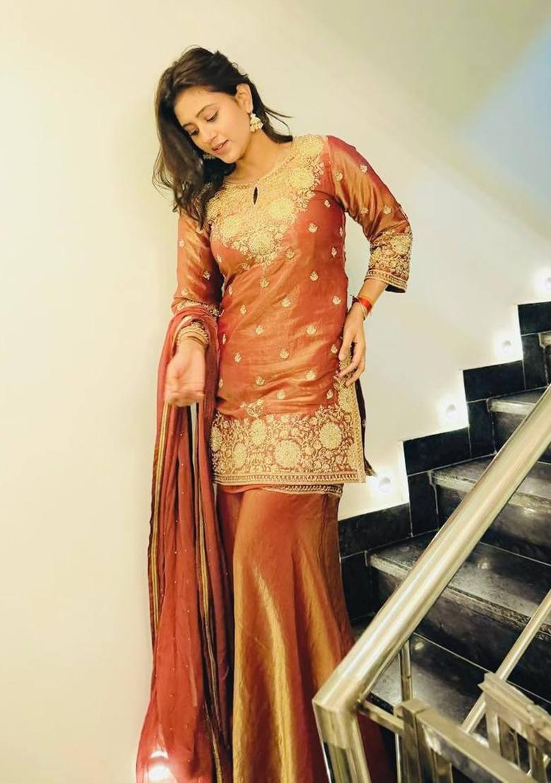 Golden Thread Work Satin Salwar Suit - Indya