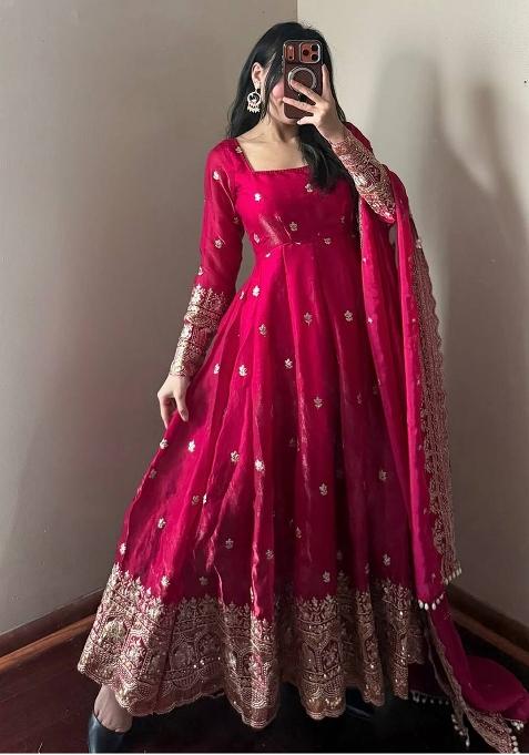 Red Thread Work Satin Salwar Suit — view on Indya