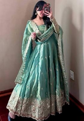 Teal Thread Work Satin Salwar Suit
