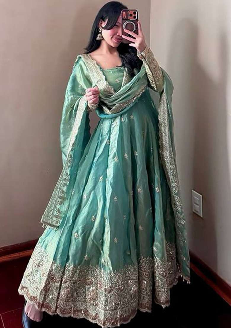 Teal Thread Work Satin Salwar Suit - Indya