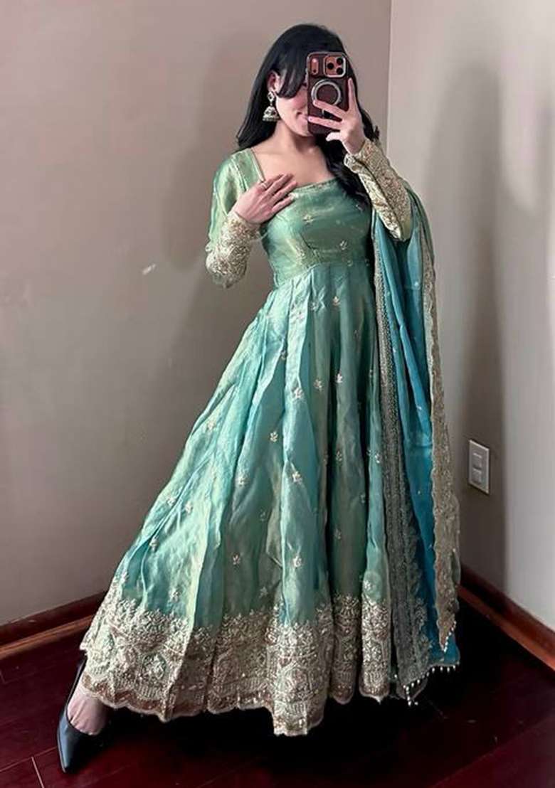 Teal Thread Work Satin Salwar Suit - Indya