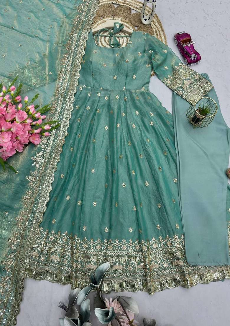 Teal Thread Work Satin Salwar Suit - Indya
