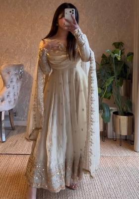 White Thread Work Satin Salwar Suit