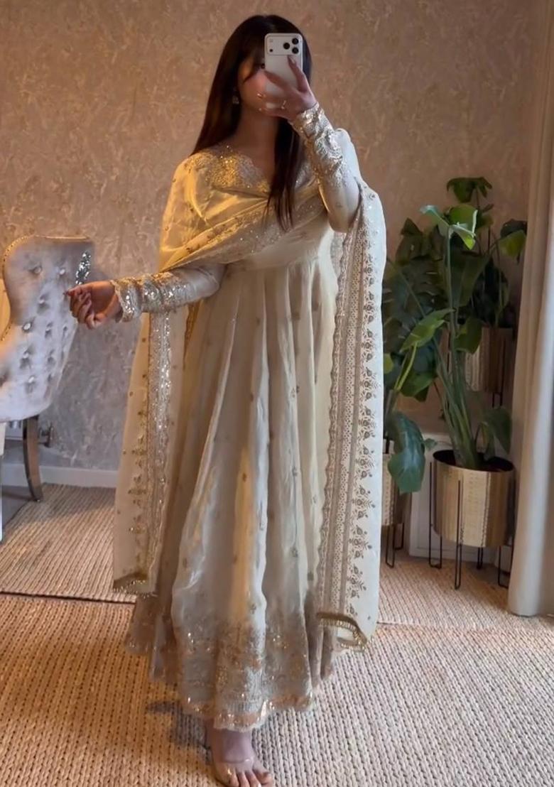 White Thread Work Satin Salwar Suit - Indya