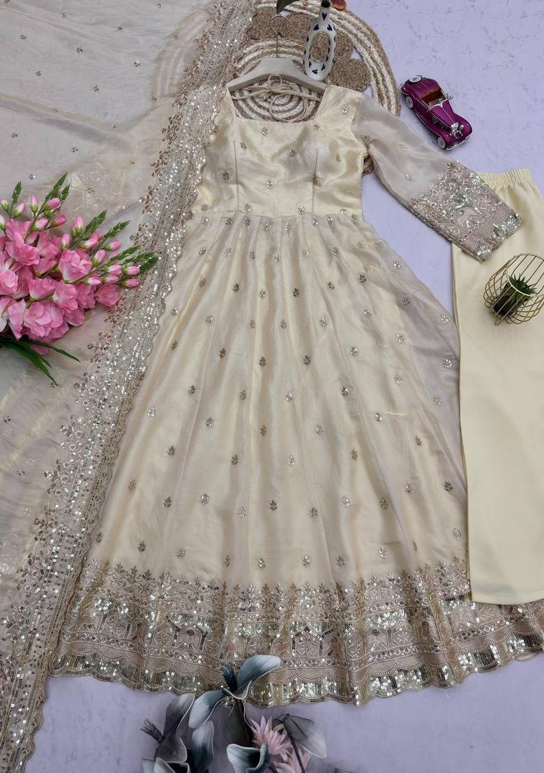 White Thread Work Satin Salwar Suit - Indya