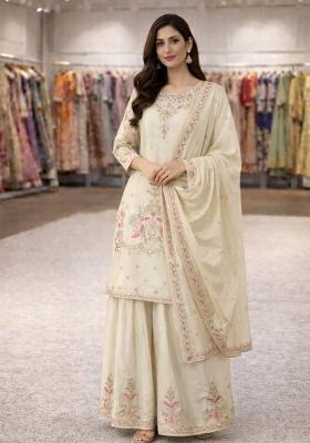 Cream Thread Work Silk Salwar Suit
