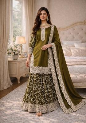 Mehendi Green Thread Work Satin Salwar Suit