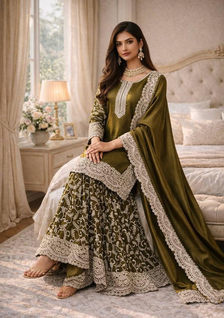 Mehendi Green Thread Work Satin Salwar Suit - Indya