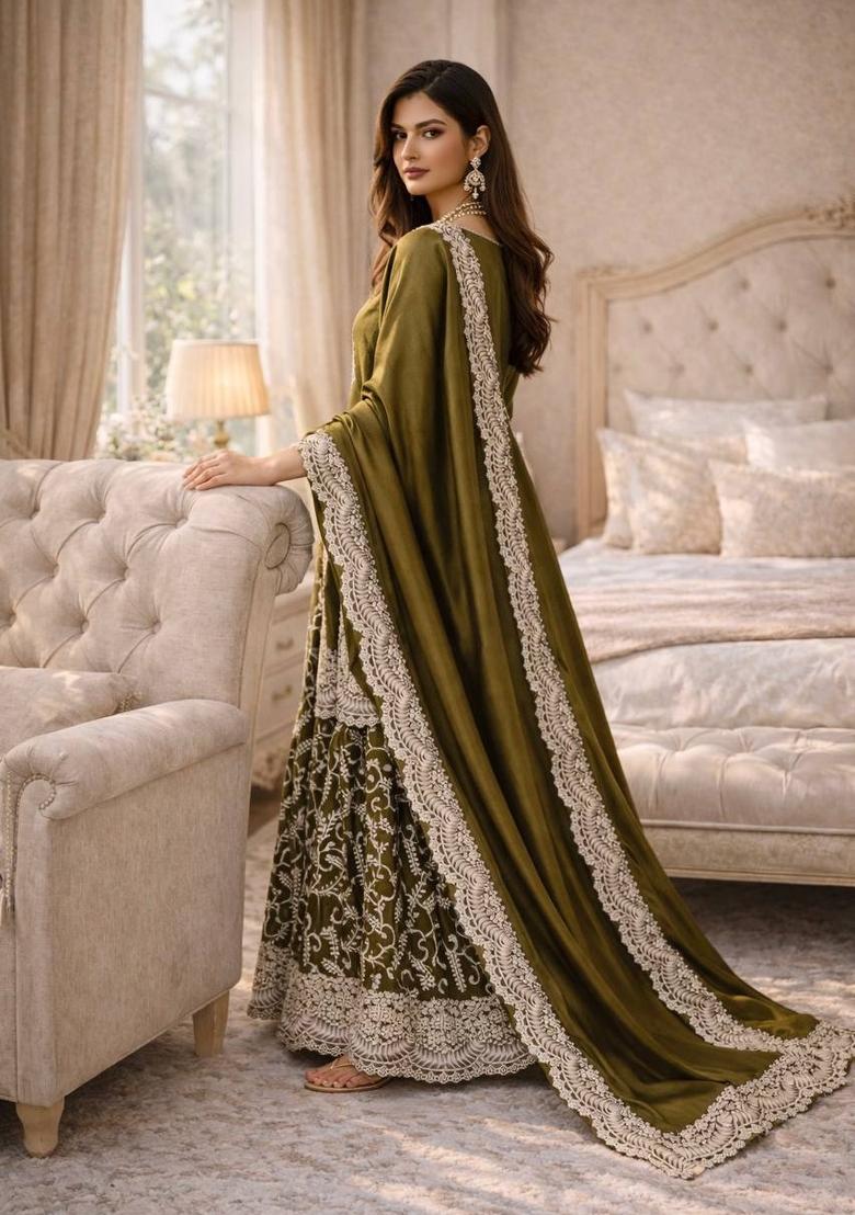 Mehendi Green Thread Work Satin Salwar Suit - Indya