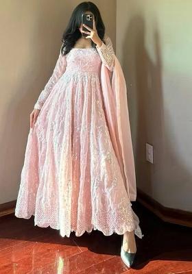 Light Peach Thread Work Georgette Salwar Suit