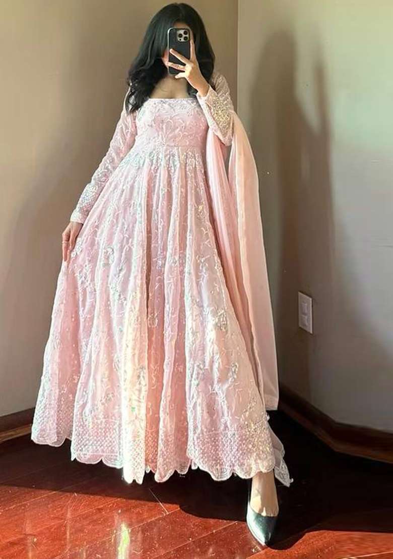 Light Peach Thread Work Georgette Salwar Suit - Indya