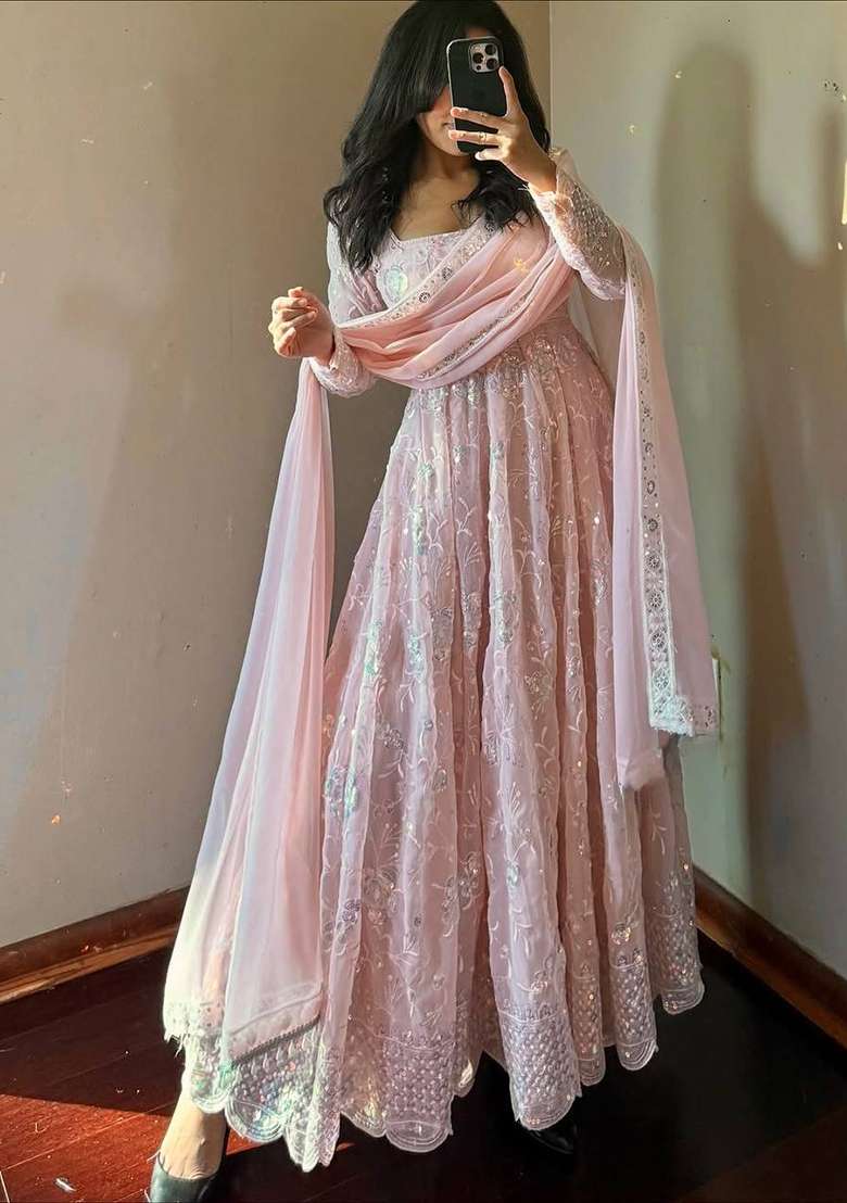 Light Peach Thread Work Georgette Salwar Suit - Indya