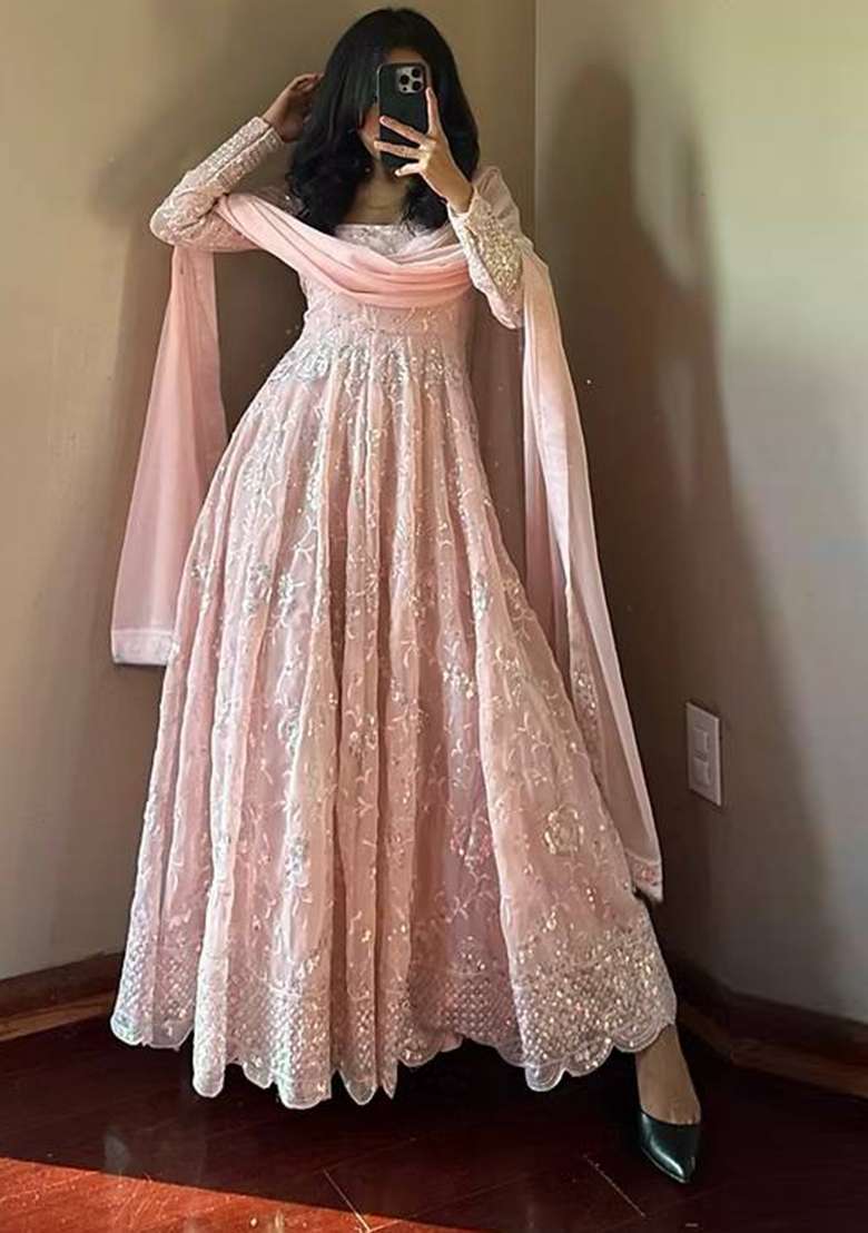 Light Peach Thread Work Georgette Salwar Suit - Indya