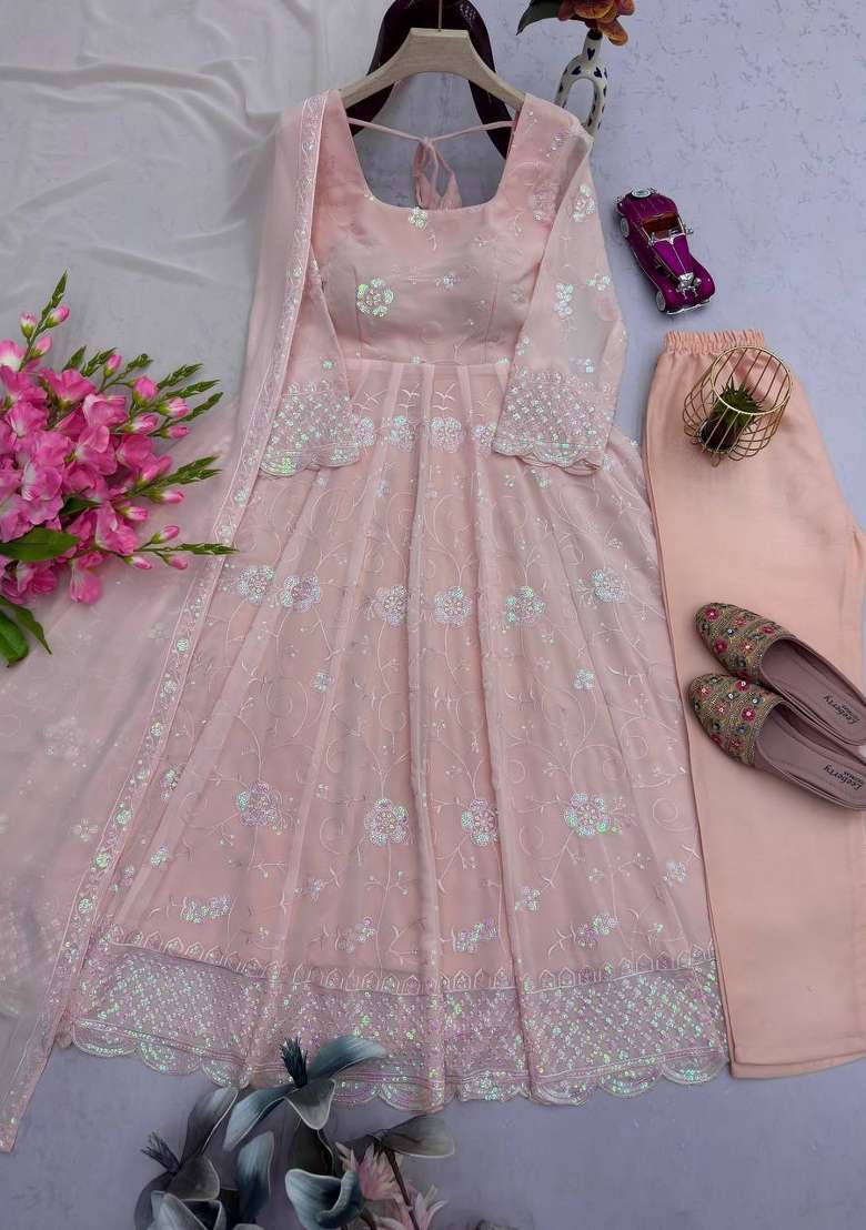 Light Peach Thread Work Georgette Salwar Suit - Indya